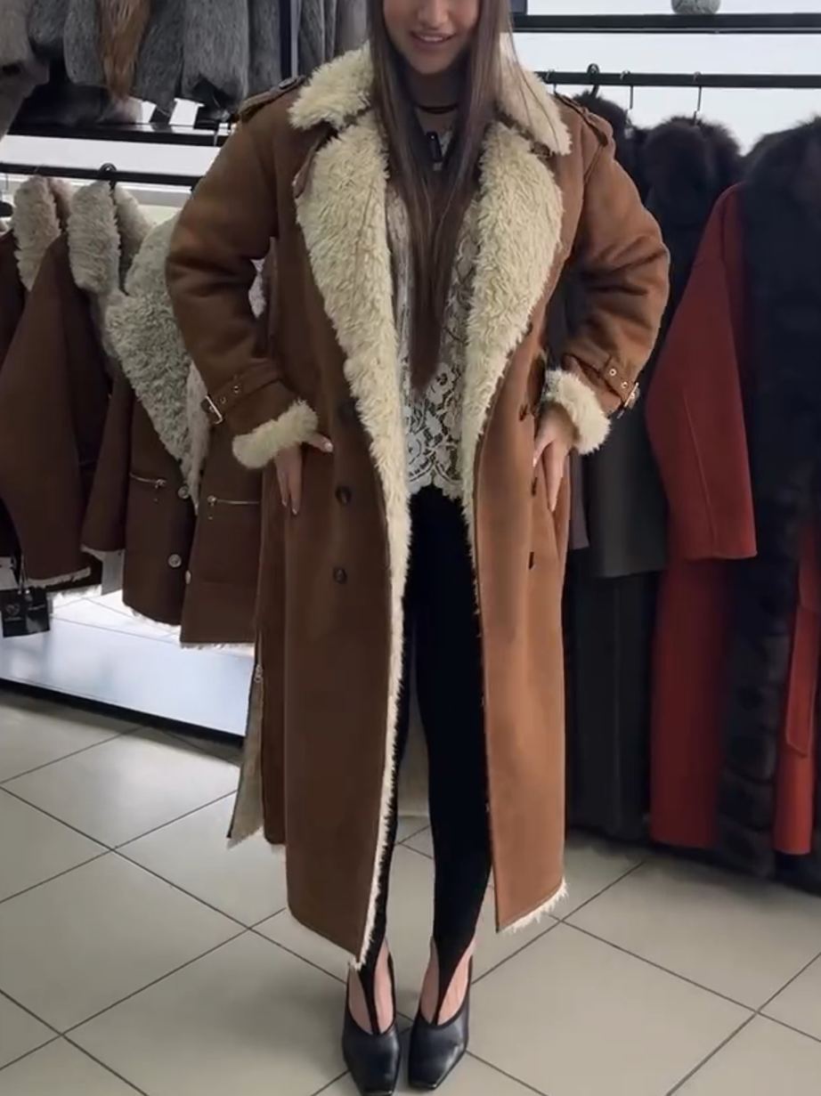 Fashion Full Shearling-Lined Long Brown Coat