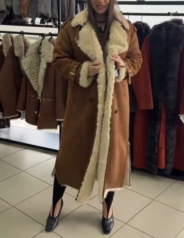 Fashion Full Shearling-Lined Long Brown Coat