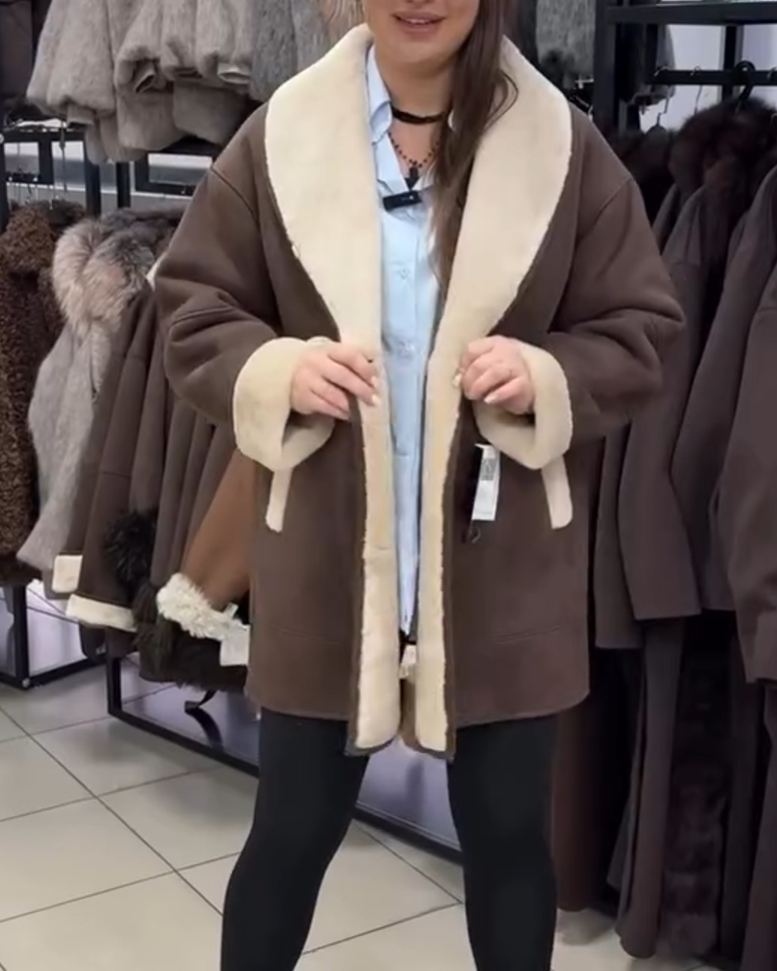 Light Luxury Contrast Shearling-Trim Brown Coat