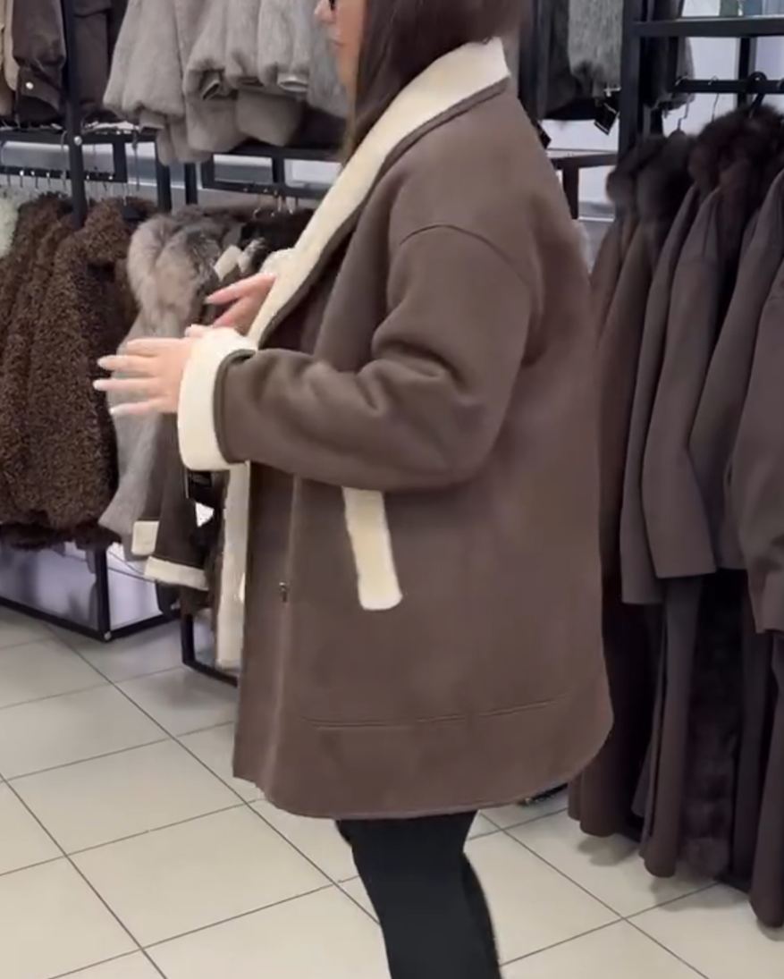 Light Luxury Contrast Shearling-Trim Brown Coat