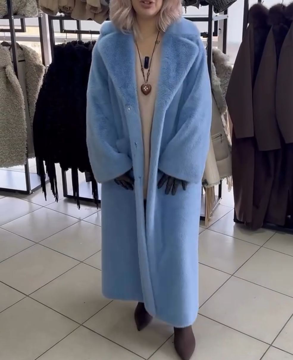 Luxury Long Light Blue Faux Fur Coat