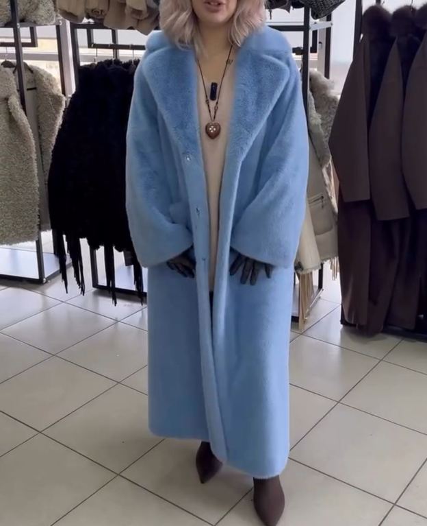 Luxury Long Light Blue Faux Fur Coat