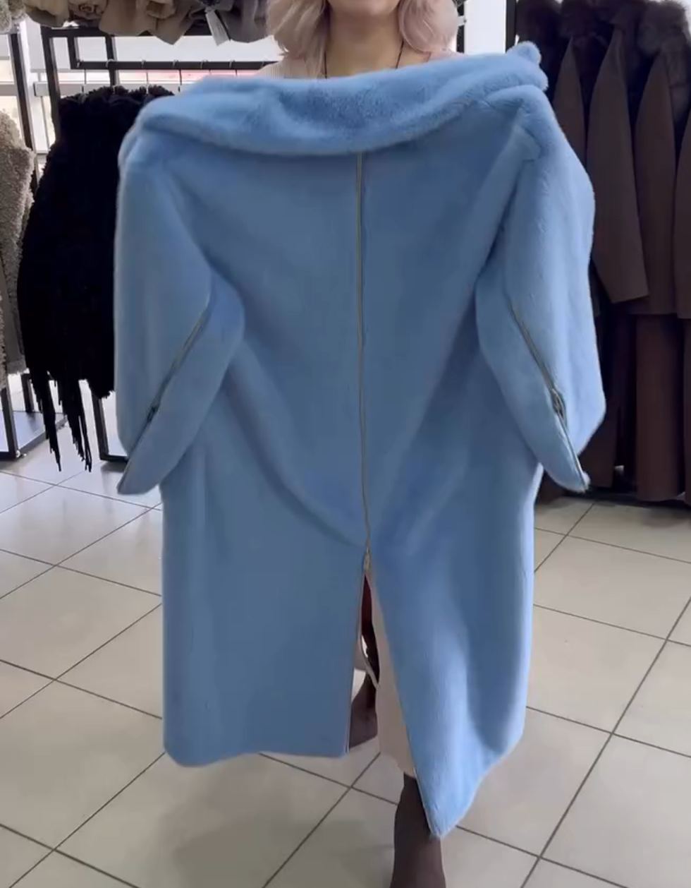 Luxury Long Light Blue Faux Fur Coat