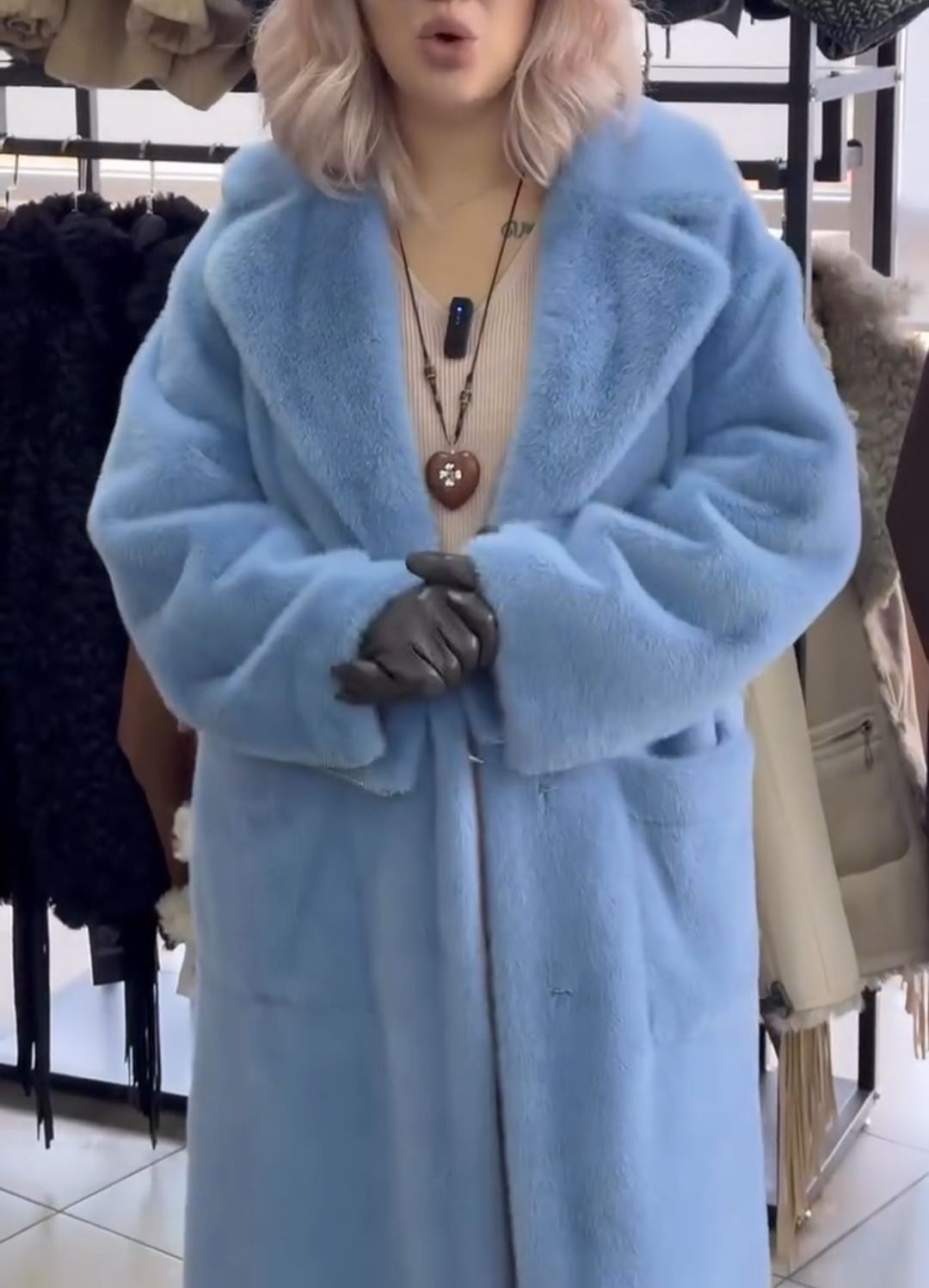 Luxury Long Light Blue Faux Fur Coat