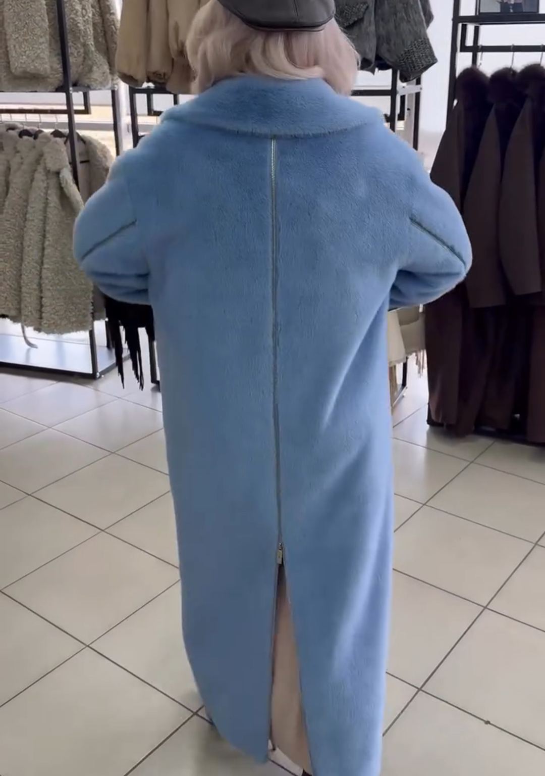 Luxury Long Light Blue Faux Fur Coat