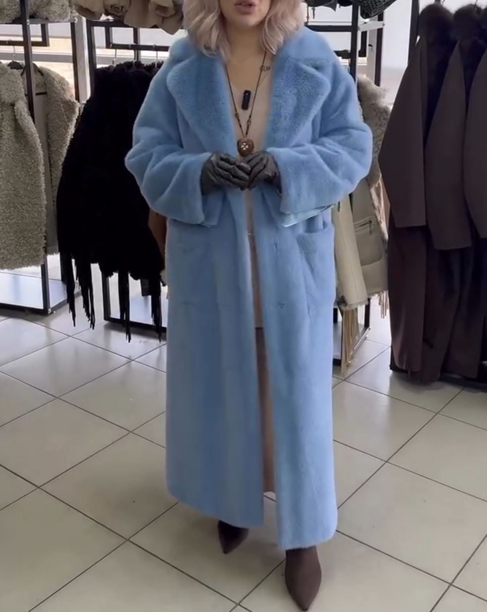 Luxury Long Light Blue Faux Fur Coat