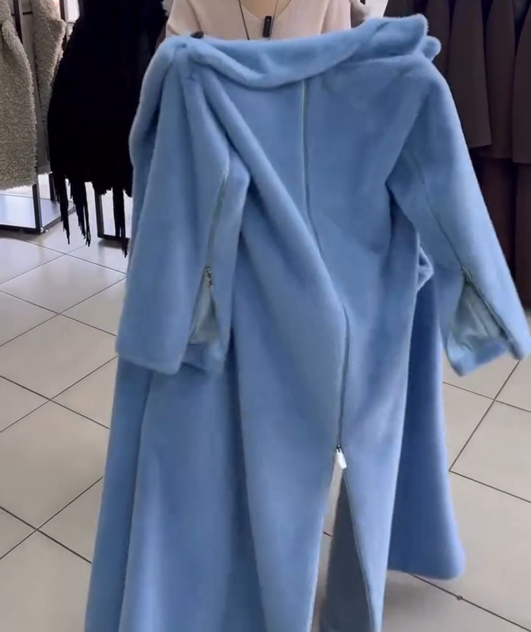 Luxury Long Light Blue Faux Fur Coat