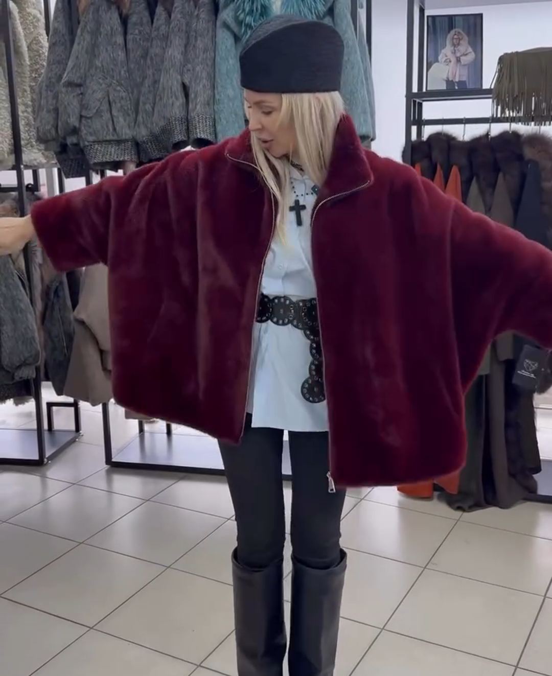 Luxury Textured Burgundy Faux Fur Coat