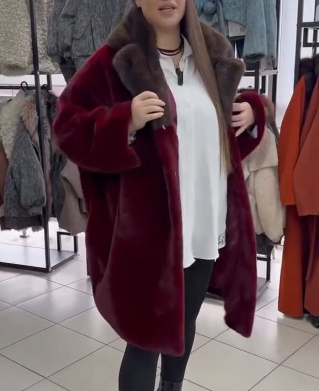 Contrast-Collar Luxury Burgundy Faux Fur Coat