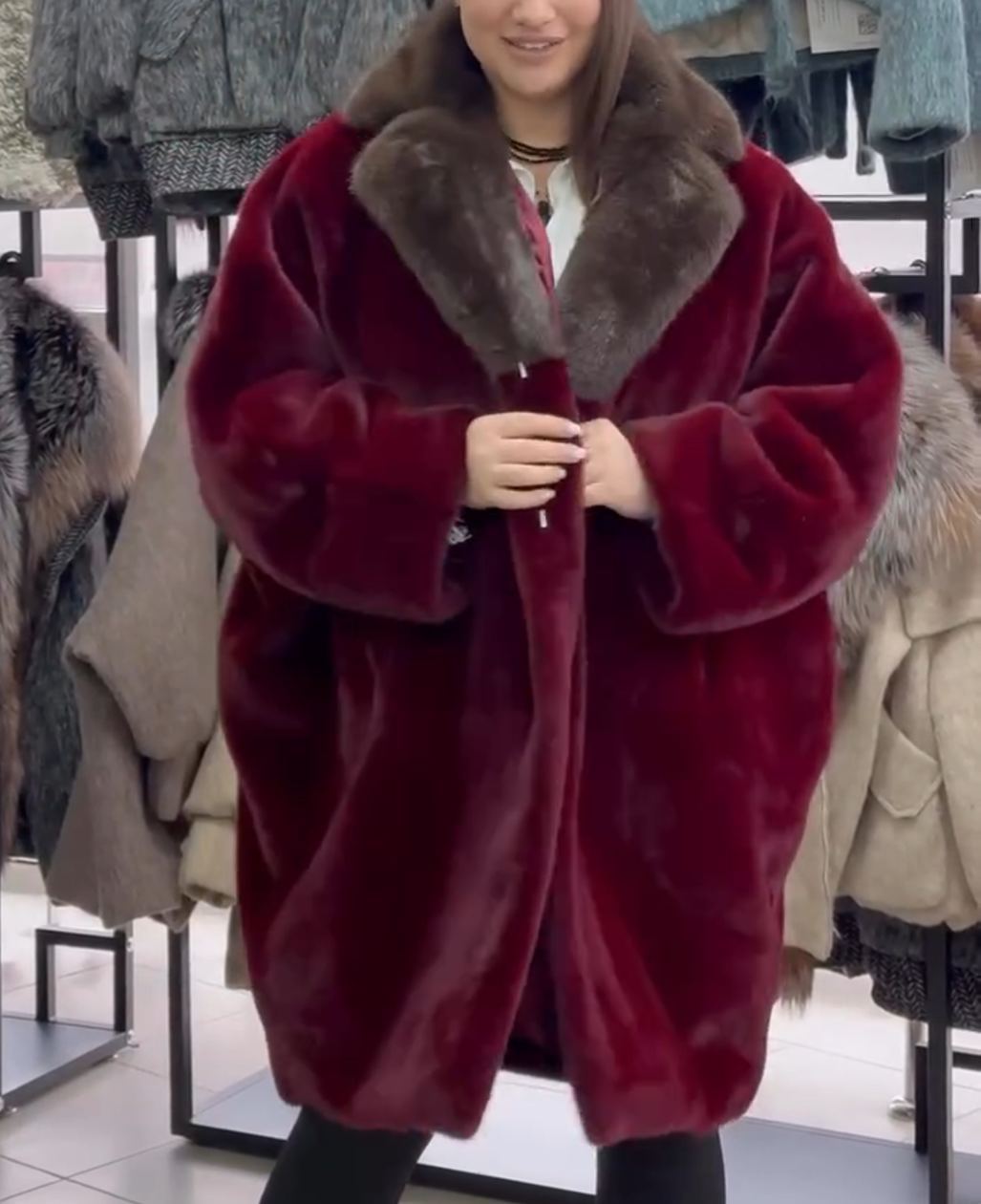 Contrast-Collar Luxury Burgundy Faux Fur Coat