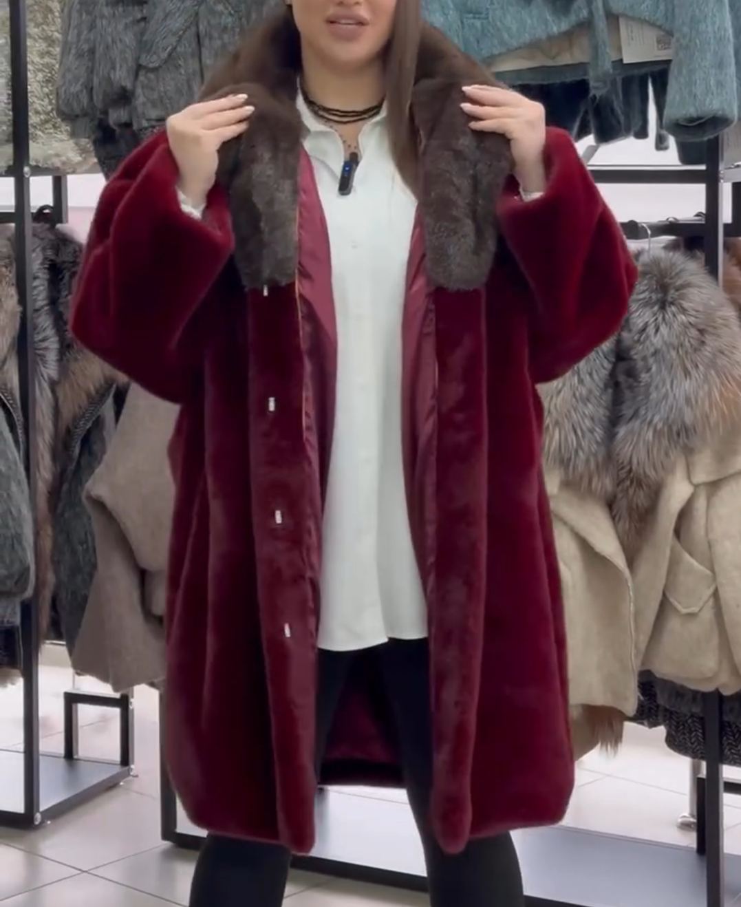 Contrast-Collar Luxury Burgundy Faux Fur Coat