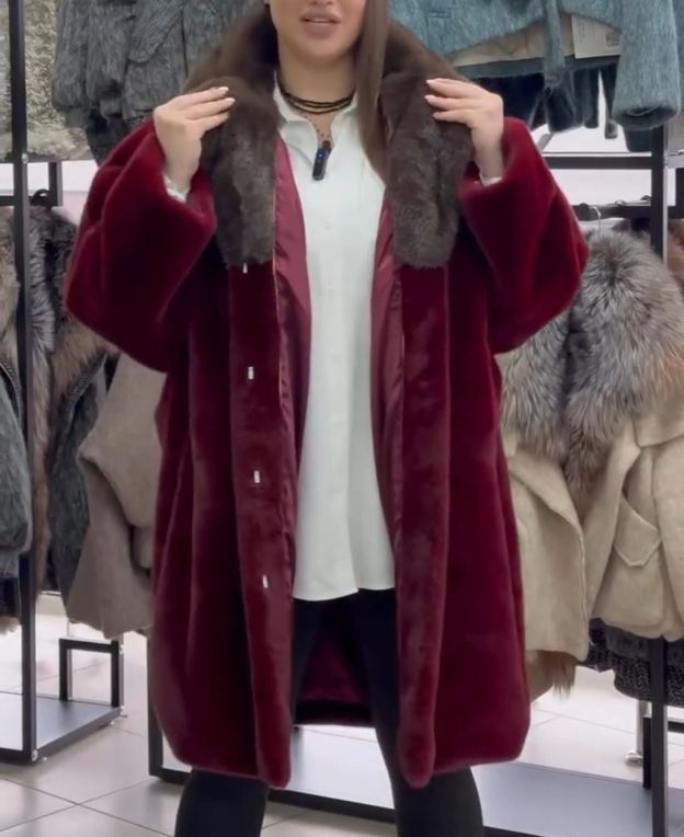 Contrast-Collar Luxury Burgundy Faux Fur Coat