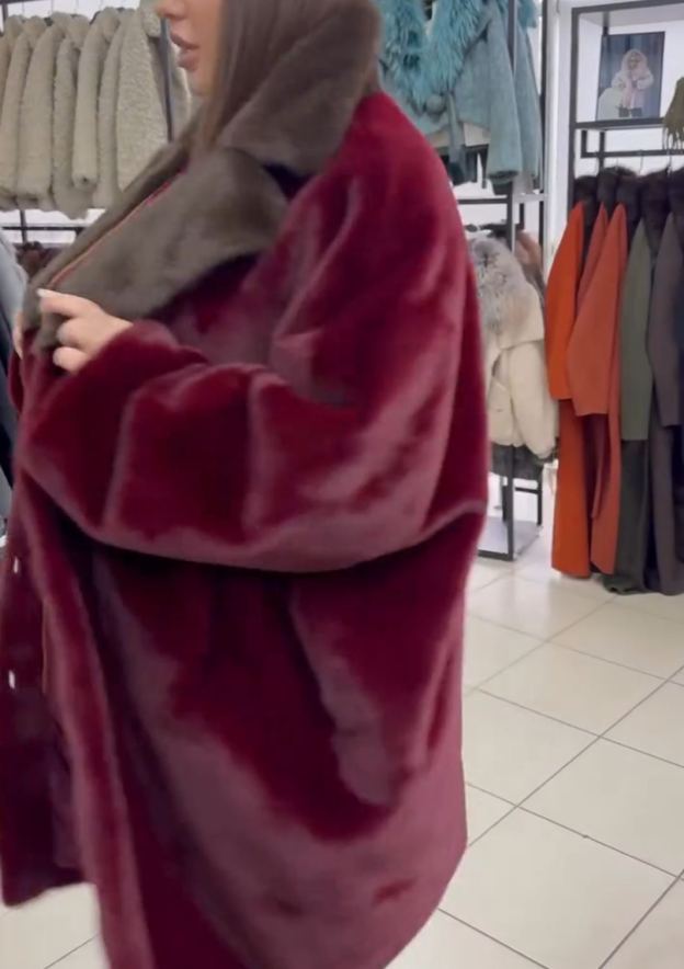 Contrast-Collar Luxury Burgundy Faux Fur Coat