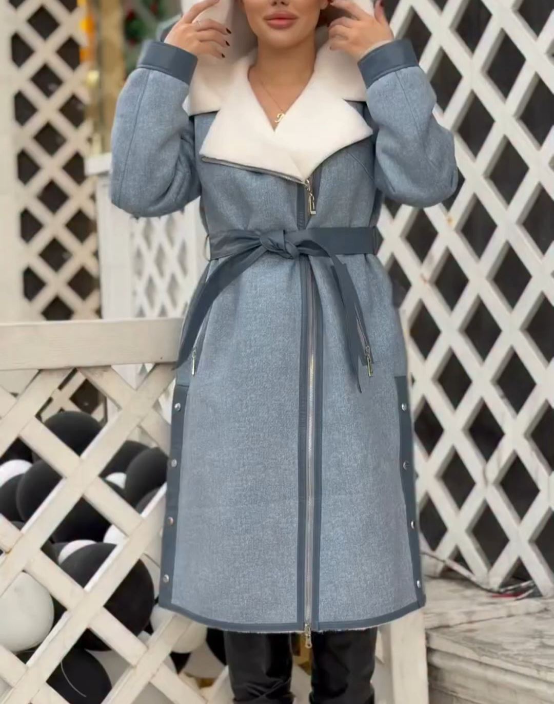 Fashion Waist-Tie Light Blue Long Coat