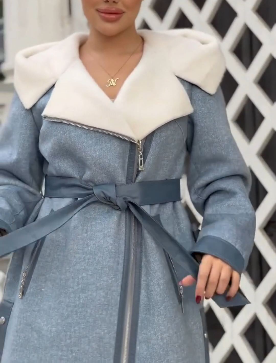 Fashion Waist-Tie Light Blue Long Coat