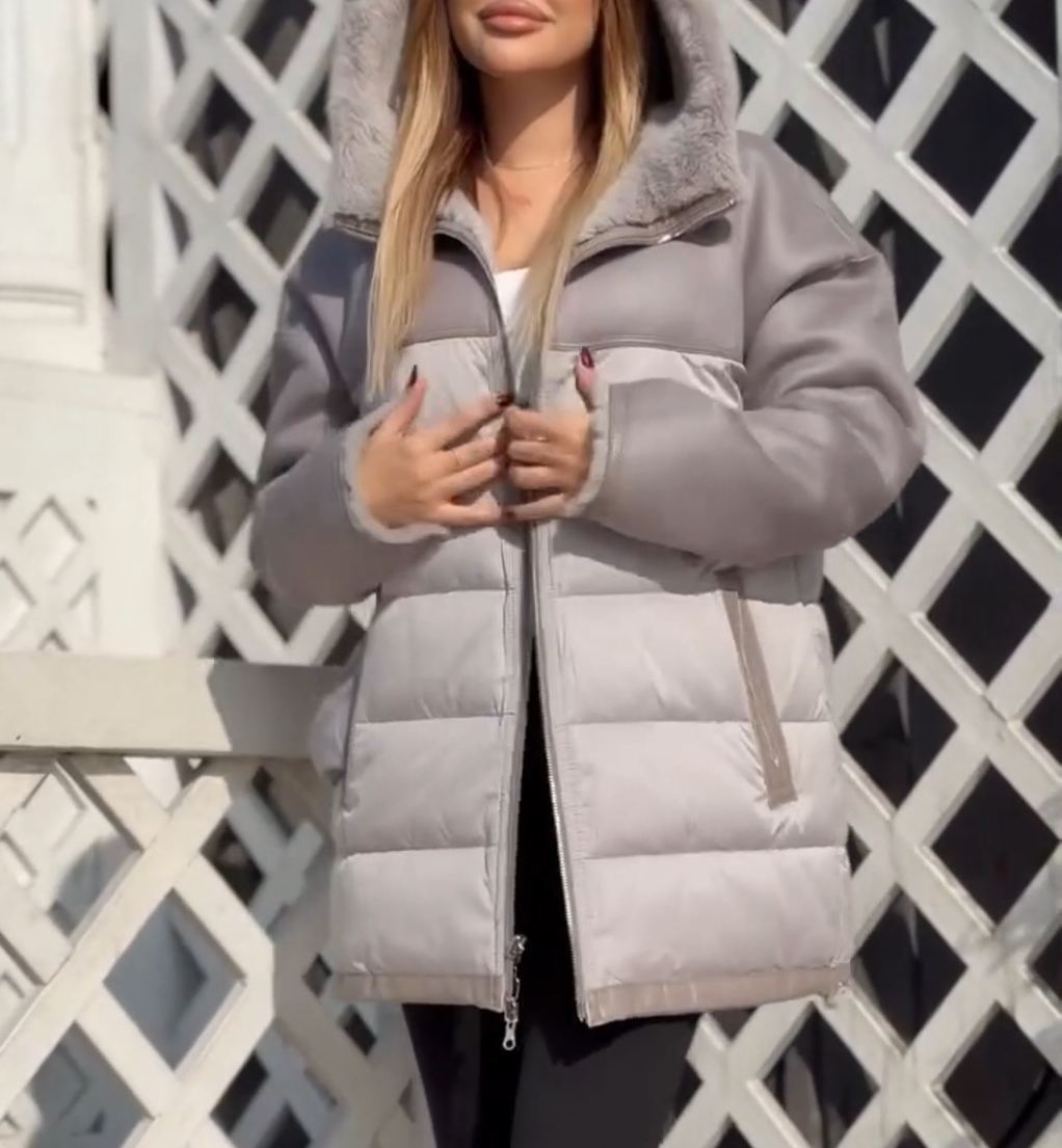 Reversible Mixed-Texture Gray Down Jacket
