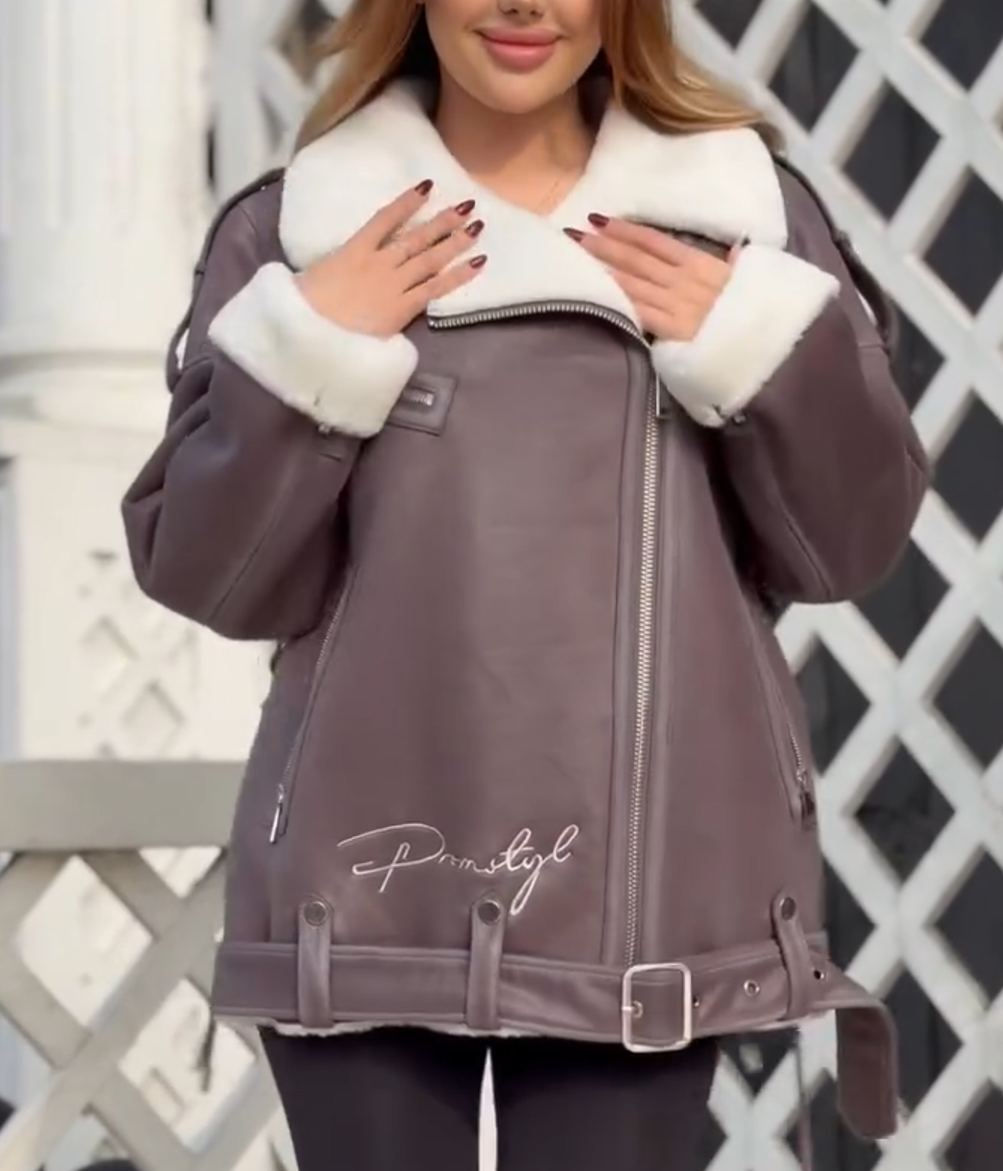 Fashion Lace-Up Full Shearling-Lined Moto Jacket