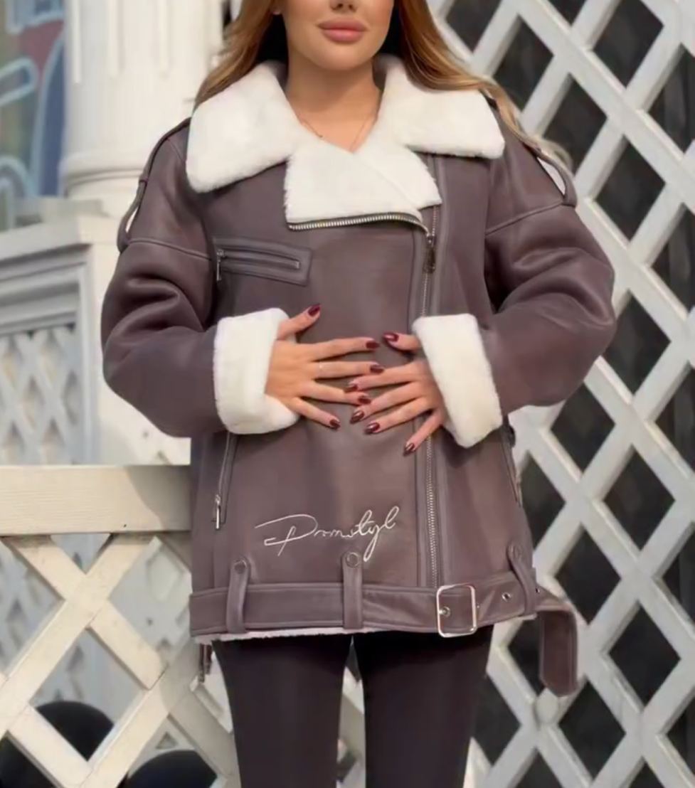 Fashion Lace-Up Full Shearling-Lined Moto Jacket