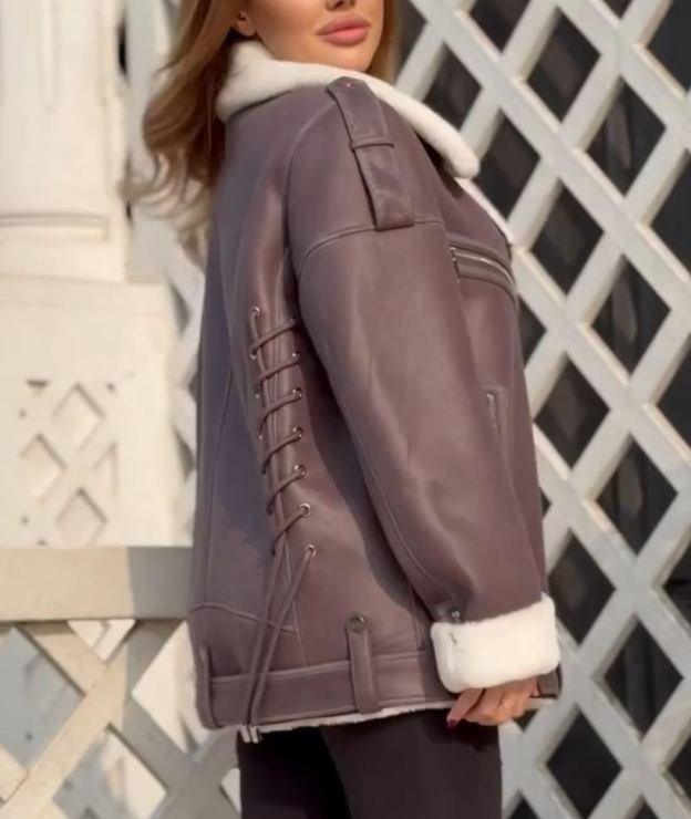 Fashion Lace-Up Full Shearling-Lined Moto Jacket