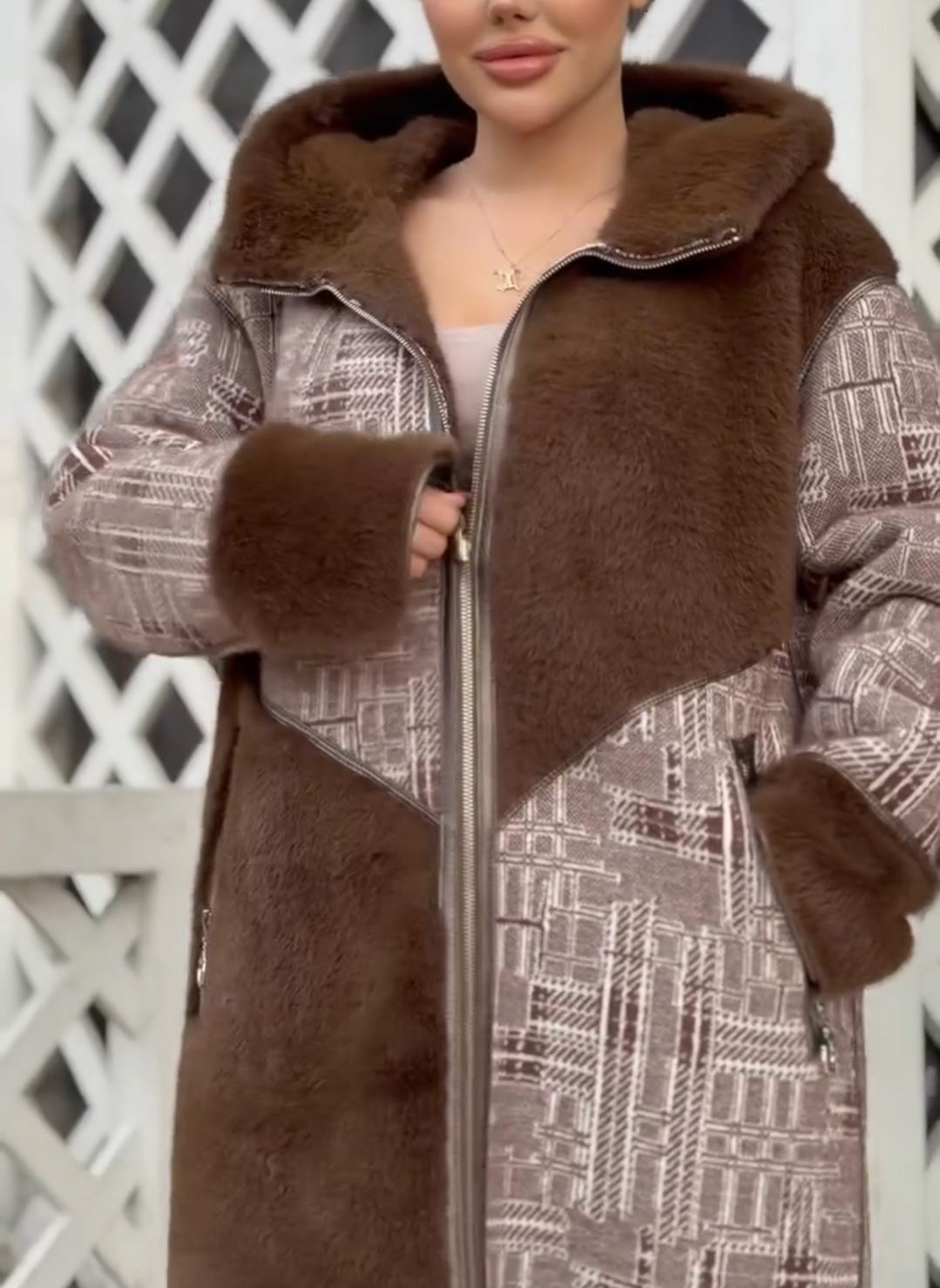 Full Shearling-Lined Geometric-Pattern Long Brown Coat