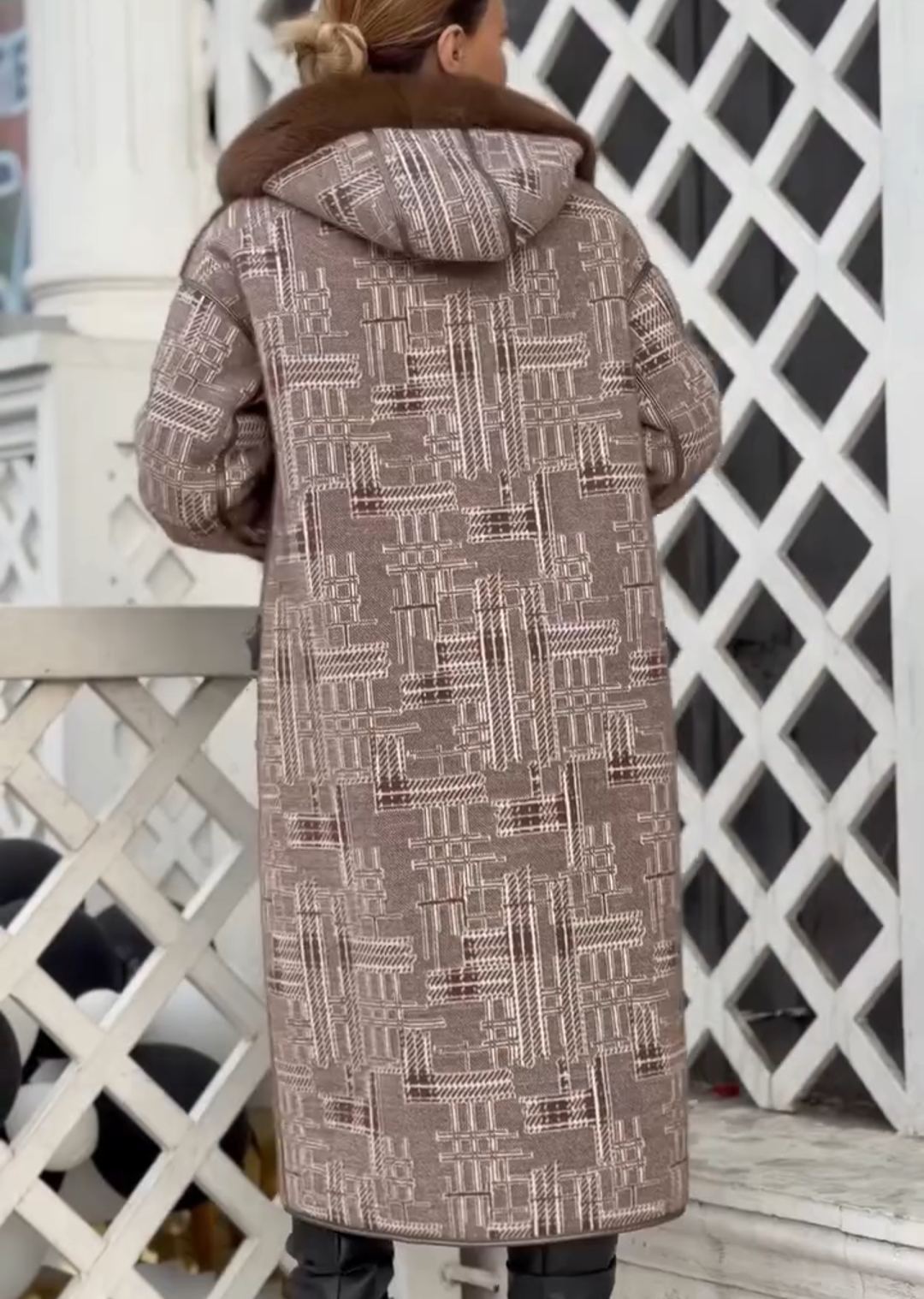 Full Shearling-Lined Geometric-Pattern Long Brown Coat