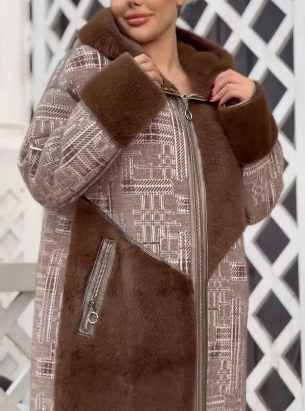 Full Shearling-Lined Geometric-Pattern Long Brown Coat