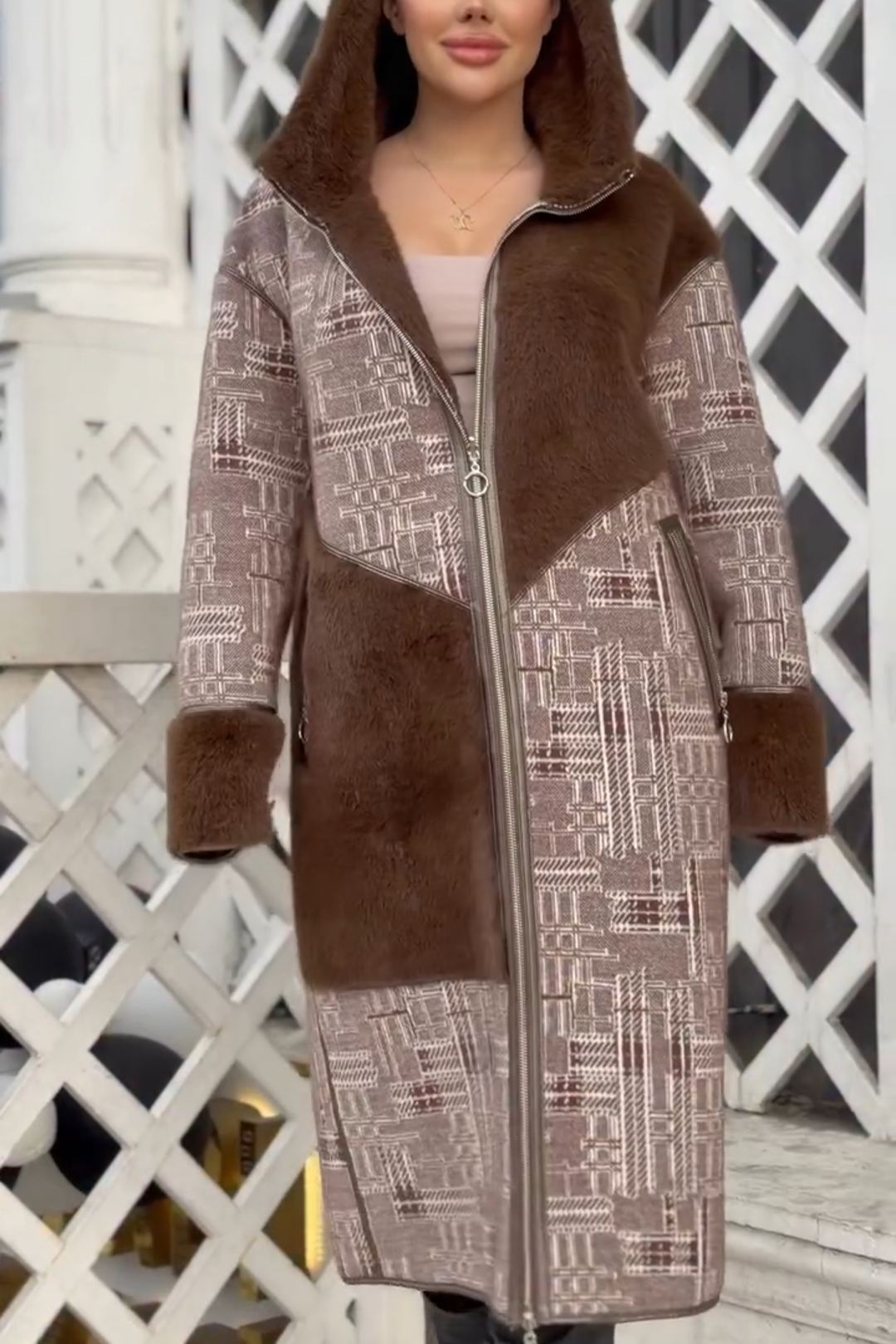 Full Shearling-Lined Geometric-Pattern Long Brown Coat