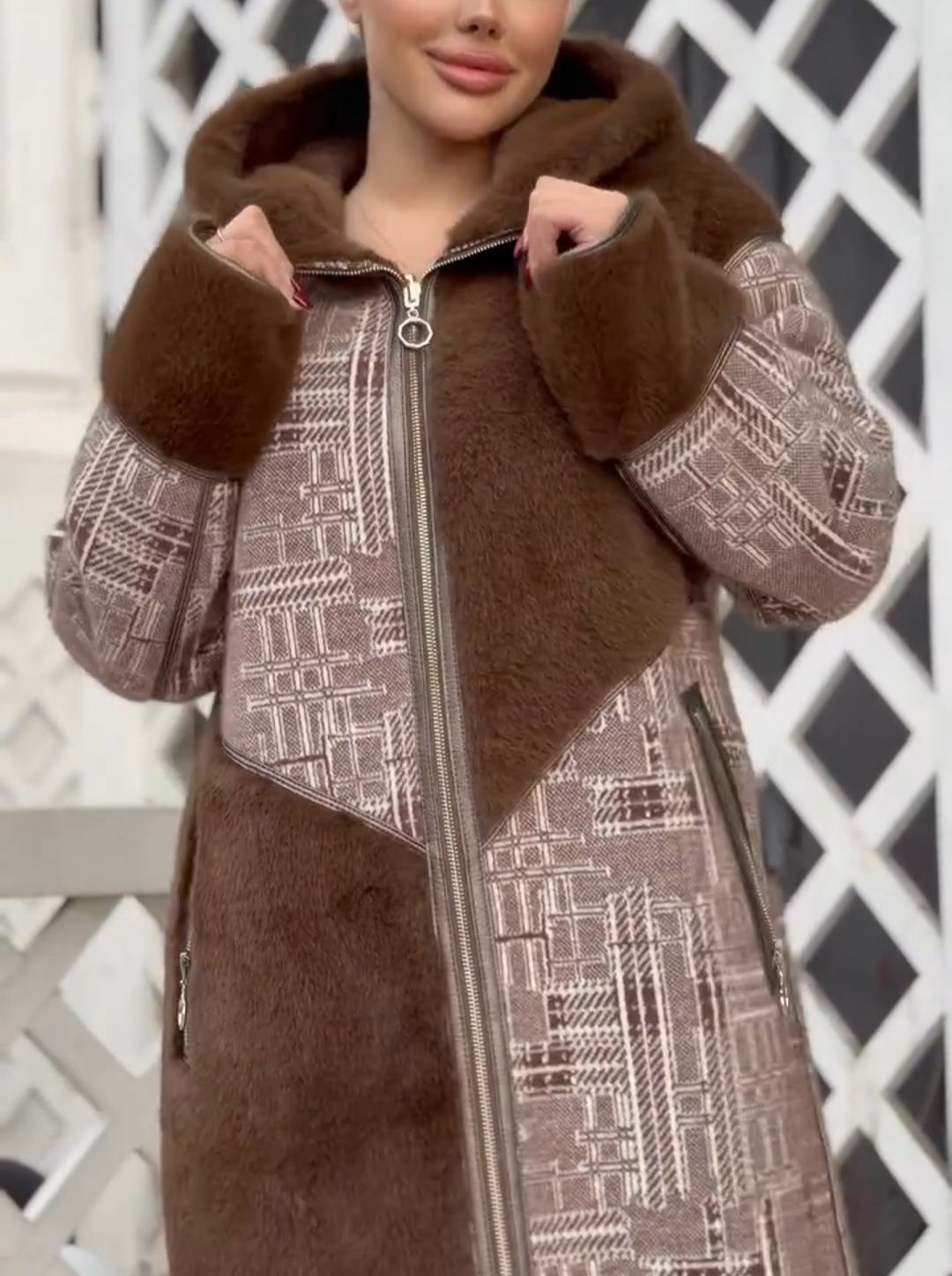 Full Shearling-Lined Geometric-Pattern Long Brown Coat