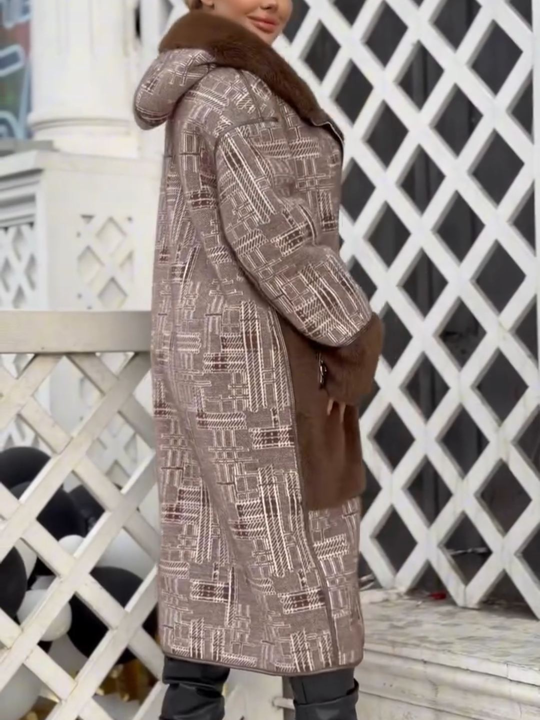 Full Shearling-Lined Geometric-Pattern Long Brown Coat