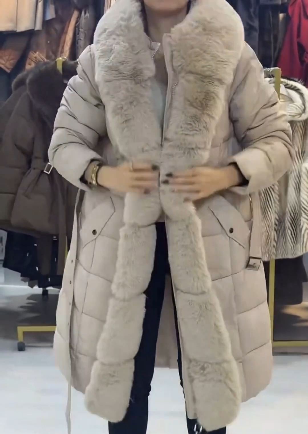 Luxury Detachable Shearling Scarf Beige Down Coat