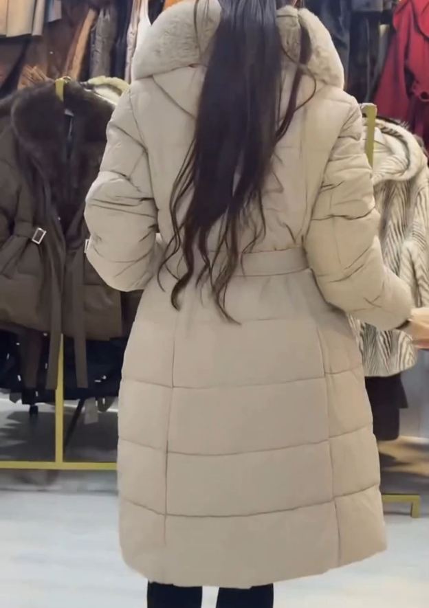 Luxury Detachable Shearling Scarf Beige Down Coat