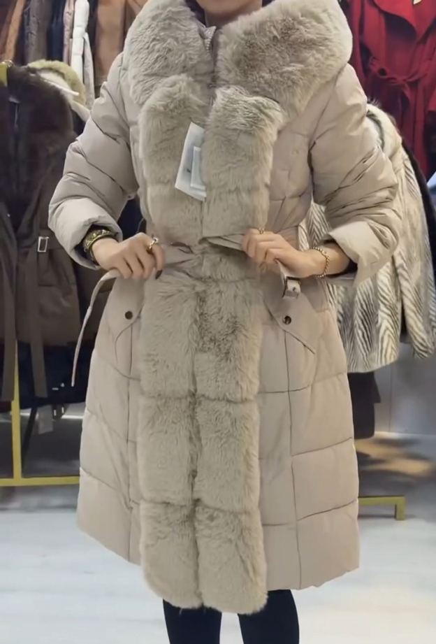 Luxury Detachable Shearling Scarf Beige Down Coat