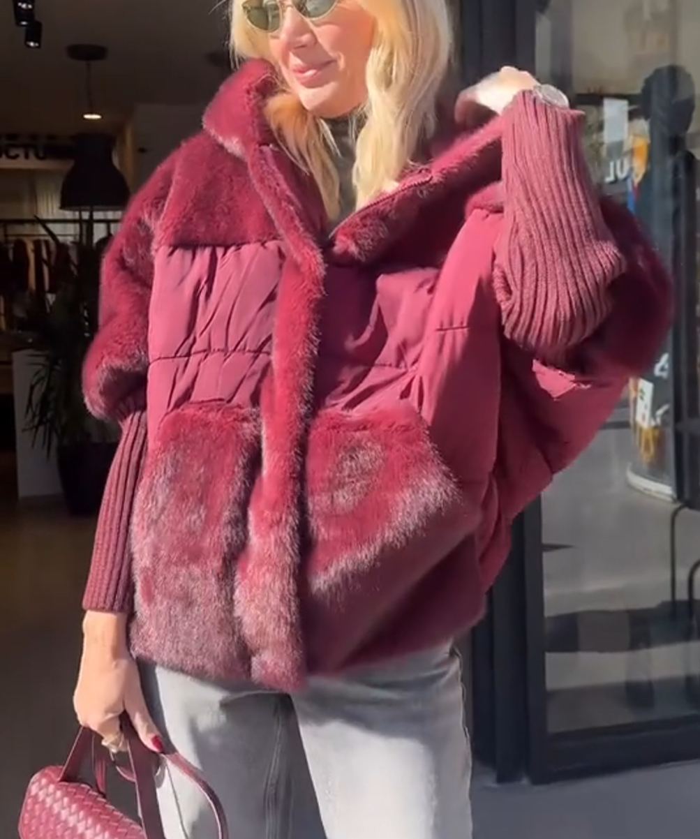 Burgundy Faux Fur-Quilted Batwing-Sleeve Jacket