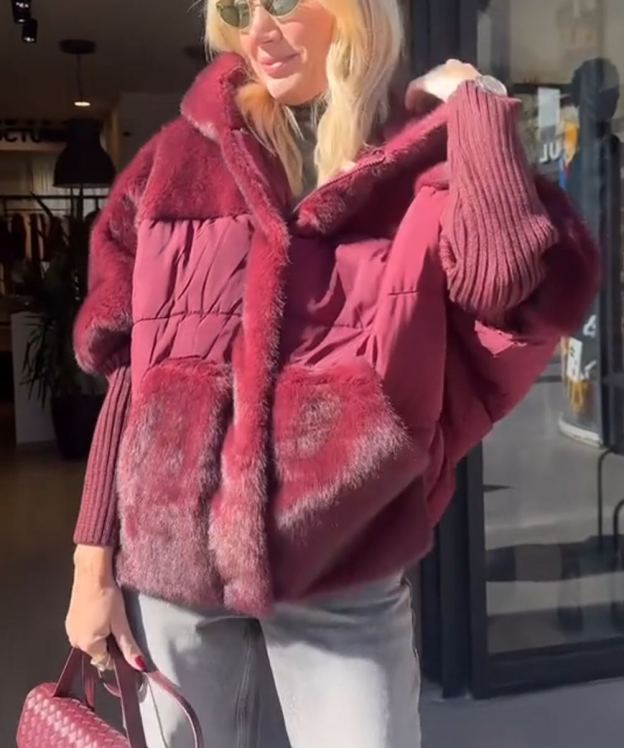 Burgundy Faux Fur-Quilted Batwing-Sleeve Jacket