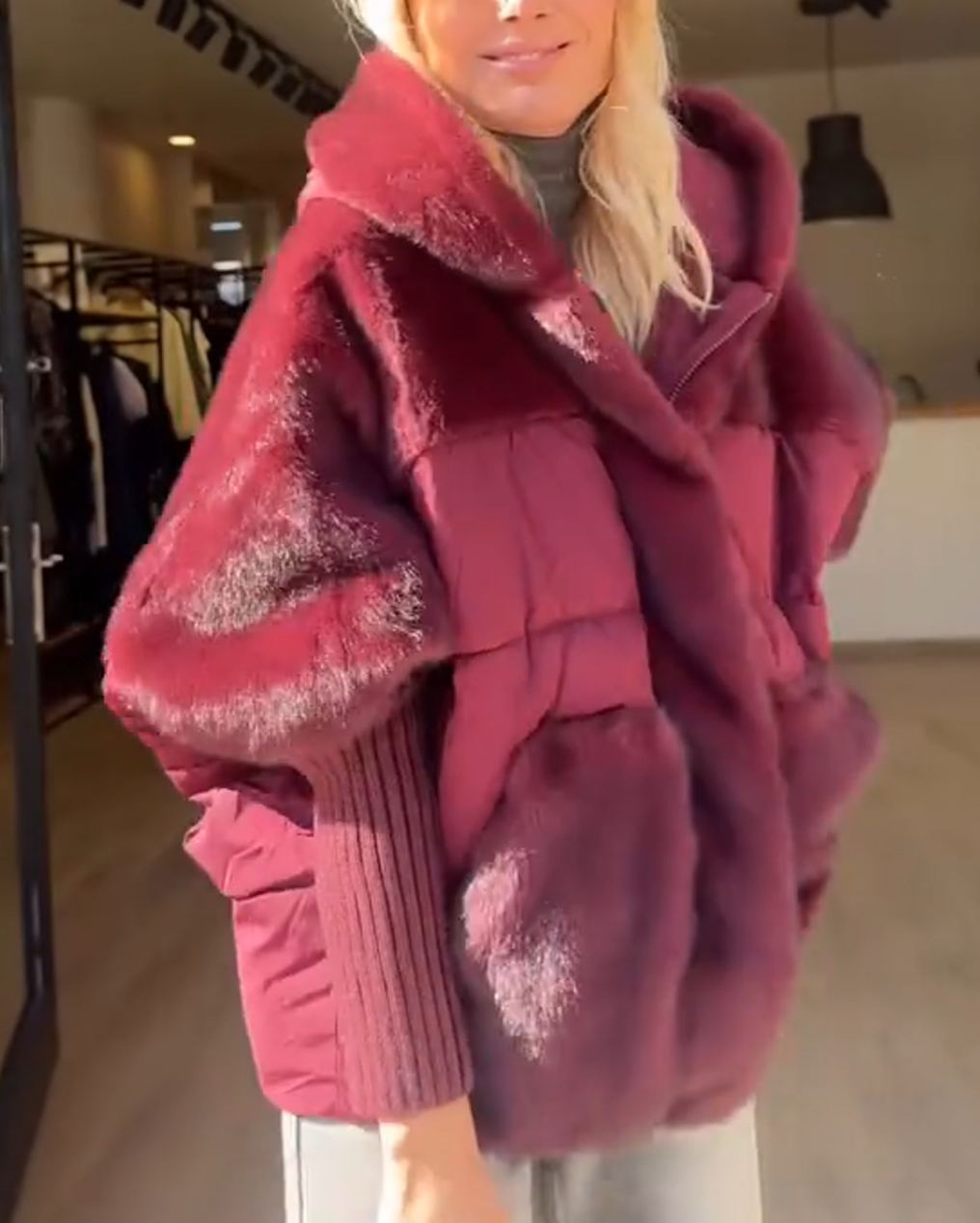 Burgundy Faux Fur-Quilted Batwing-Sleeve Jacket