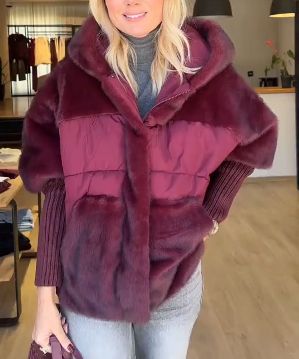 Burgundy Faux Fur-Quilted Batwing-Sleeve Jacket
