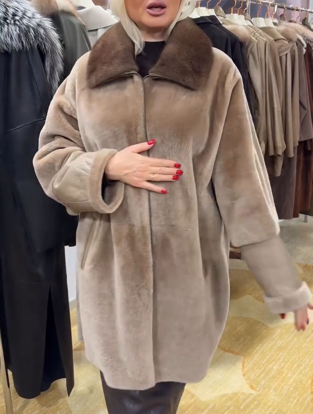 Luxury Color-Blocked Faux Fur Long Coat