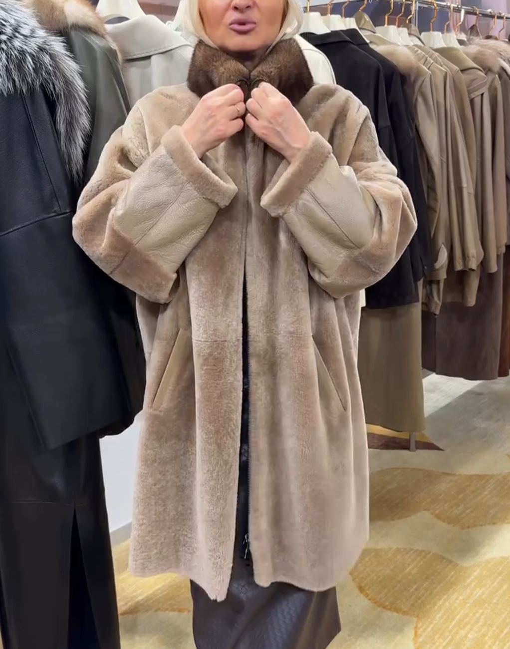 Luxury Color-Blocked Faux Fur Long Coat