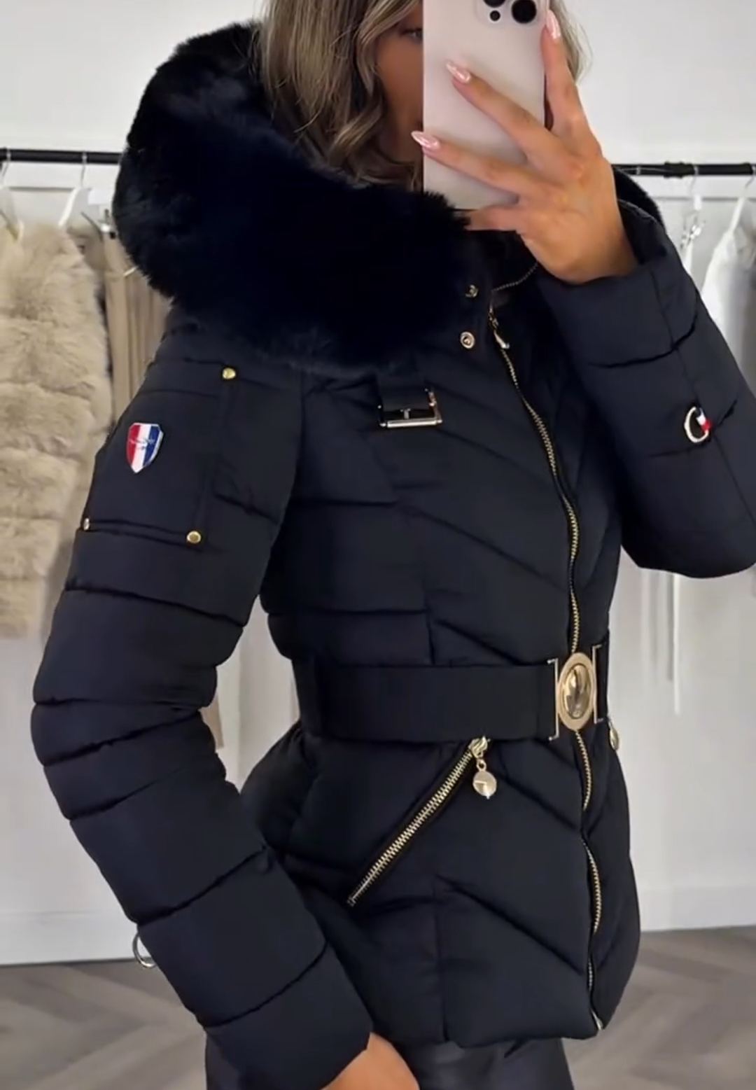 Gold-Hardware Belted Fur-Hood Black Down Jacket