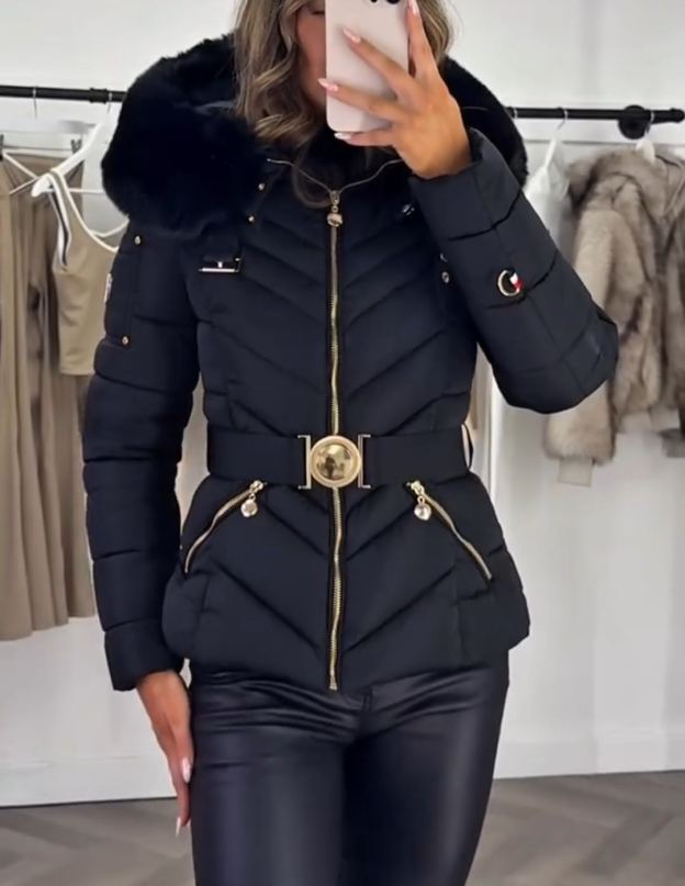 Gold-Hardware Belted Fur-Hood Black Down Jacket
