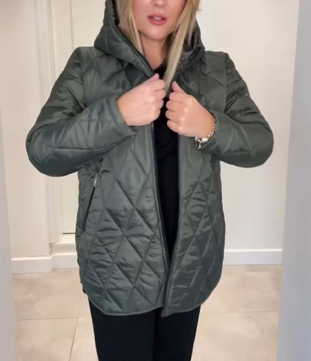 Olive Green Diamond-Quilted Hooded Down Jacket