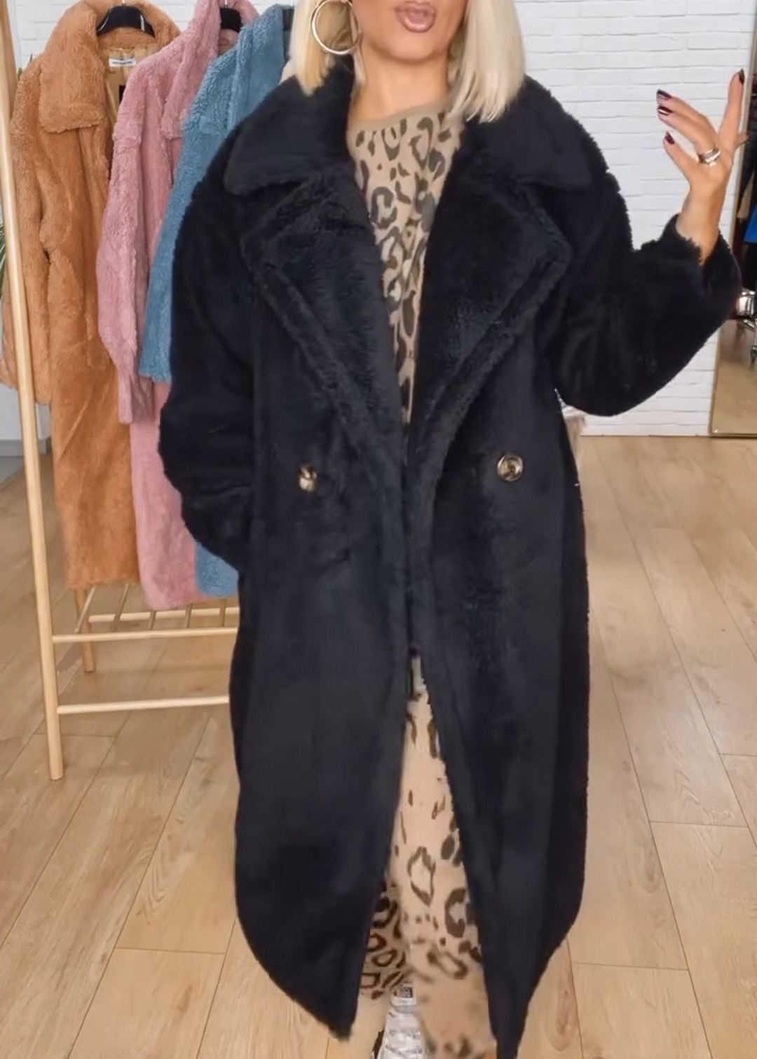 Longline Double-Breasted Faux Fur Overcoat