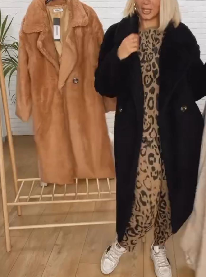 Longline Double-Breasted Faux Fur Overcoat