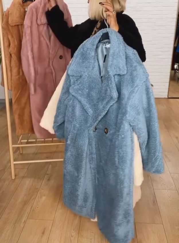 Longline Double-Breasted Faux Fur Overcoat