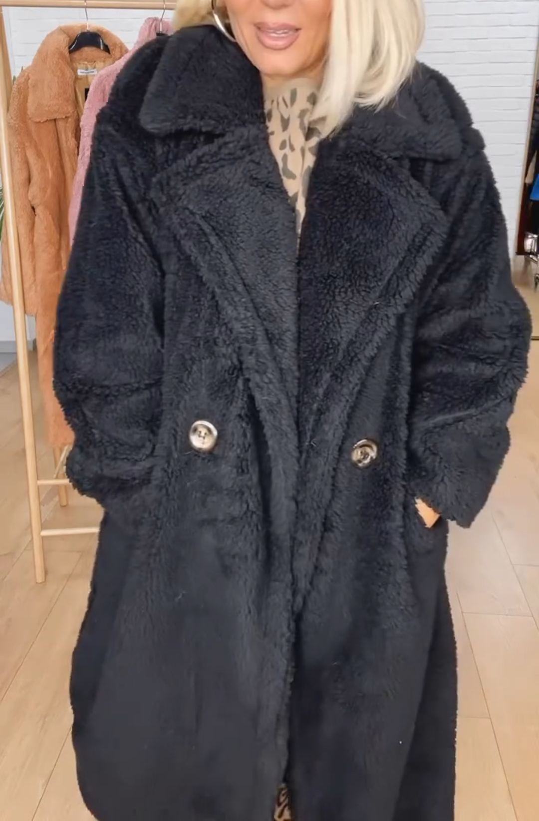 Longline Double-Breasted Faux Fur Overcoat