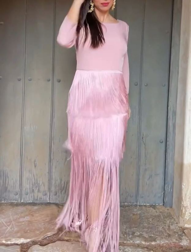 Blush Pink Fringed Maxi Dress