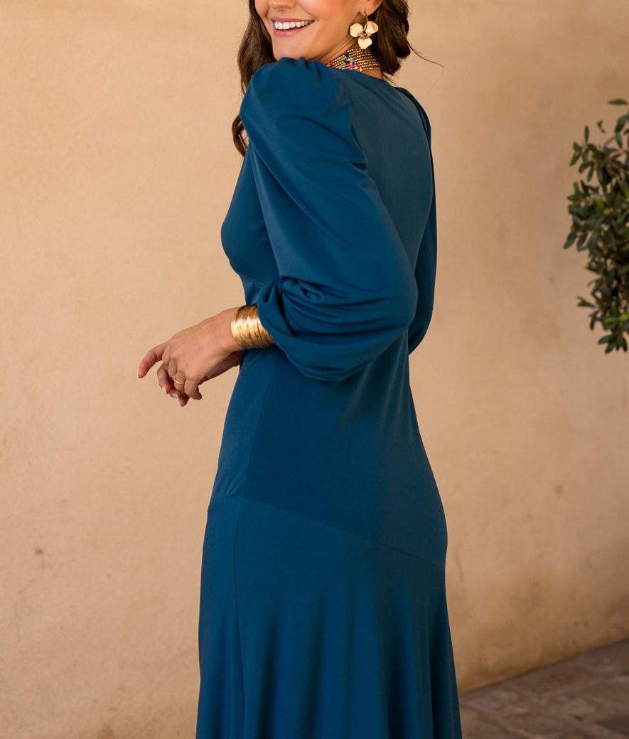 Asymmetrical midi dress in deep petrol blue