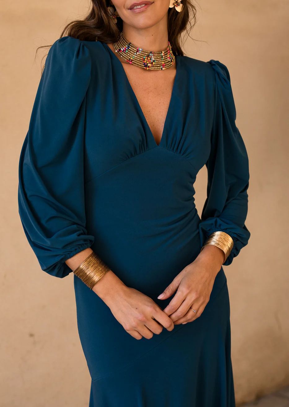 Asymmetrical midi dress in deep petrol blue