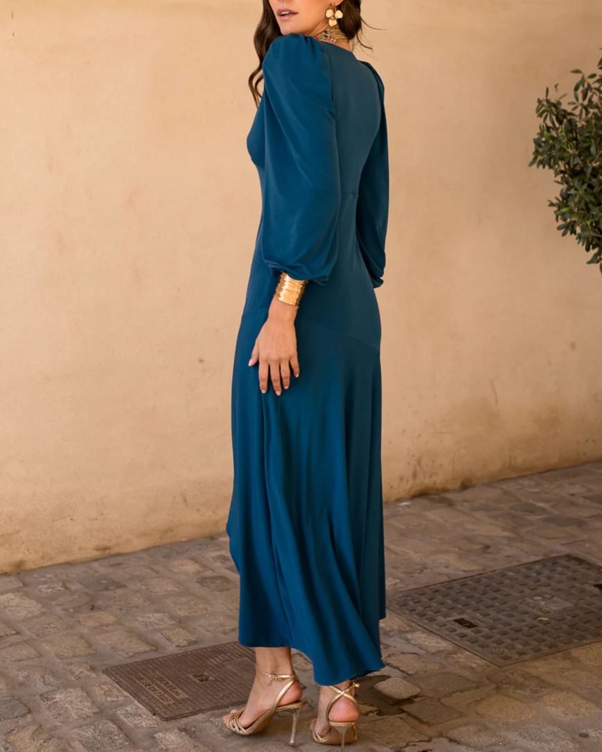 Asymmetrical midi dress in deep petrol blue