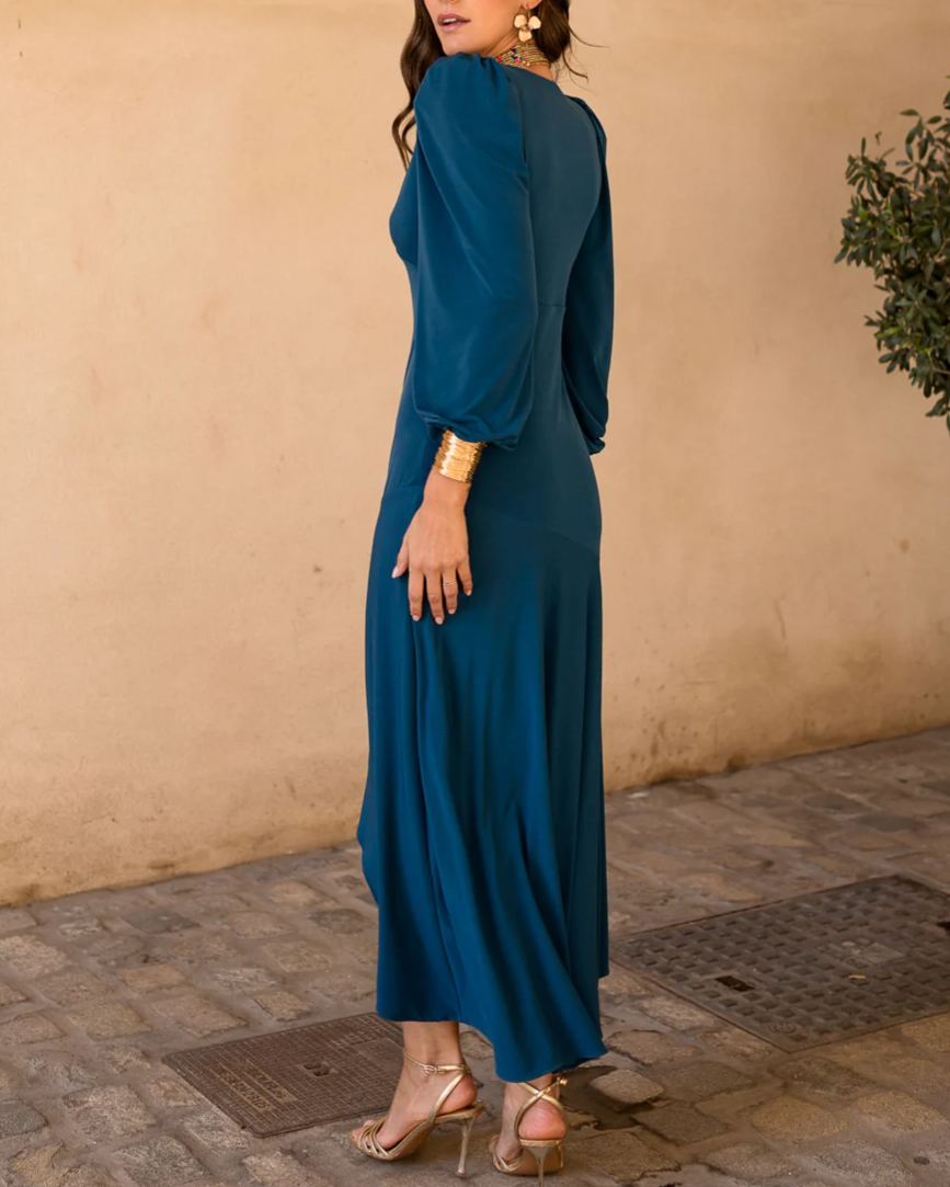 Asymmetrical midi dress in deep petrol blue